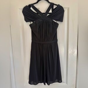 BCBGMaxAzria Black Cocktail Dress Off the Shoulder Ruched Draping Cross Straps